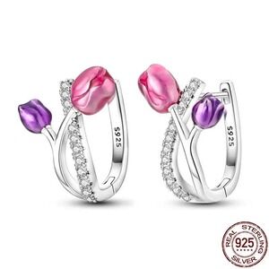 S925 Sterling Silver Tulip Flower‎ Hoop Earrings Pink Purple CZ Jewelry